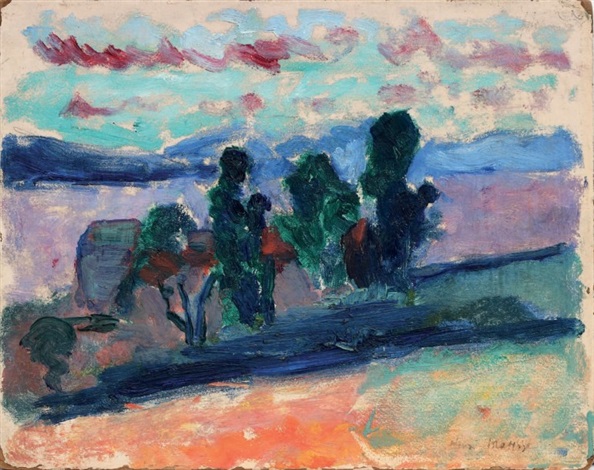 Small coastal landscape at twilight with orange-pink ground, a lavender band of sea, dark green tree silhouettes in the middle, and a breezy sky of turquoise, cream, and rose; loose, visible brushstrokes create simplified shapes and strong warm–cool contrasts.