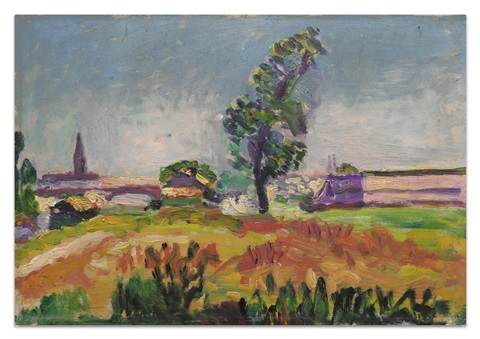 Sunlit rural scene outside Toulouse with a central tall tree, low bridge and church spire at left, and bands of green and ochre fields under a pale blue sky; the paint is thick and streaked in pinks, violets, yellows, and greens, creating a lively, textured surface.