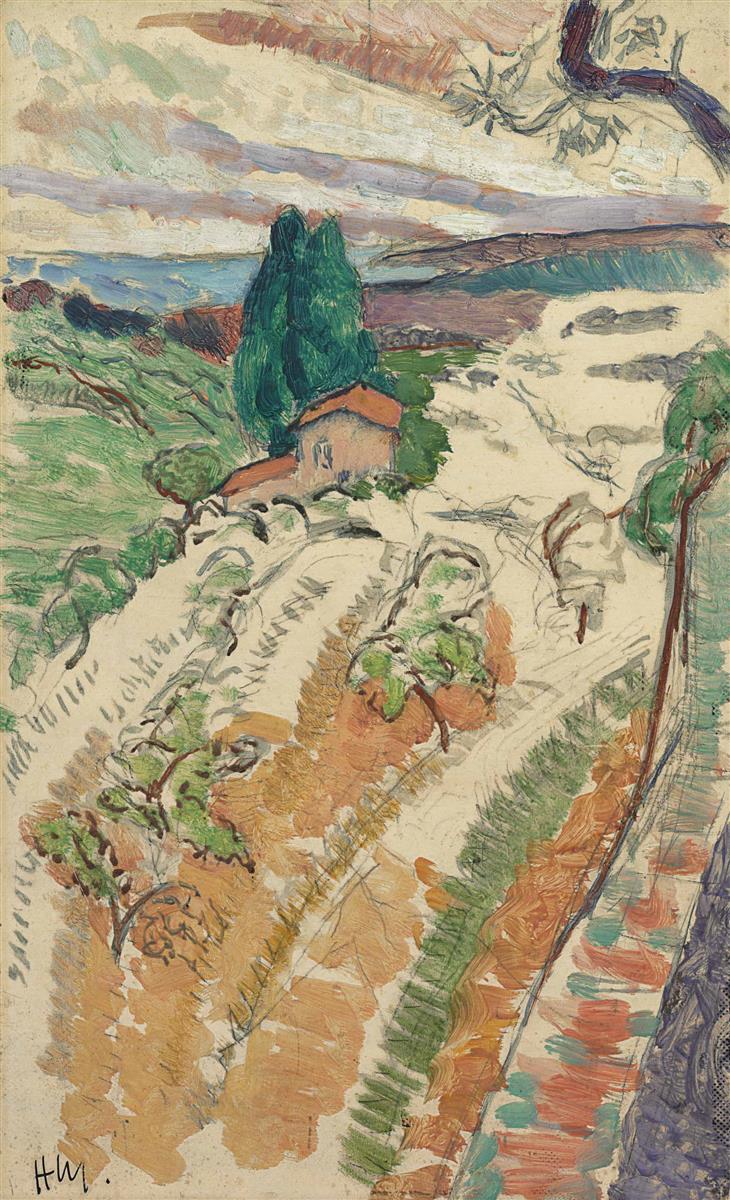 Vertical Mediterranean landscape with a sloping path and terraced fields, a small house with an orange roof beneath two dark cypresses, lavender sea and layered clouds on the horizon, and a pine branch entering from the upper right; lively, sketch-like strokes with large areas of pale ground left visible.