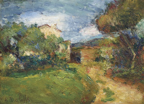 A compact landscape shows a pale path curving through green shrubs toward distant blue hills beneath a breezy, cloud-streaked sky; thick, short brushstrokes in greens, ochres, and blues give the scene a textured, sunlit feel, with a small pale building tucked among foliage on the left.