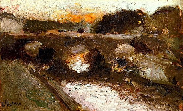 Small oil painting of the Pont Saint-Michel at dusk by Henri Matisse, with three glowing arches, dark trees, and thick impasto strokes reflecting orange sky on the Seine, c. 1895.