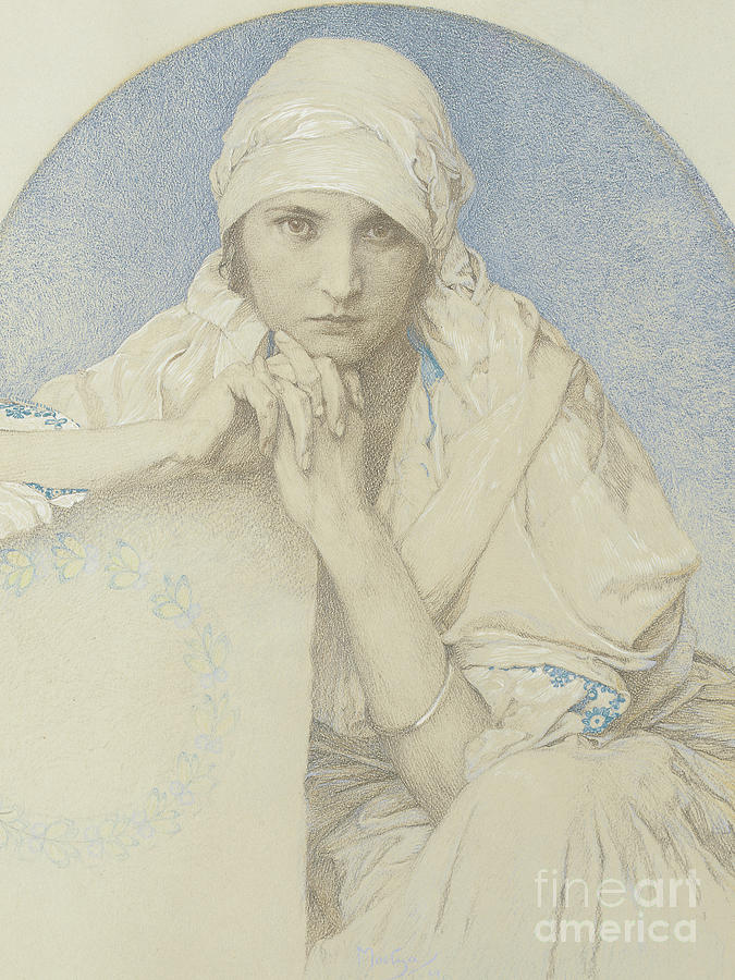 Delicate graphite-and-chalk portrait by Alphonse Mucha of a young woman with a headscarf leaning forward with hands clasped under her chin, set against a textured blue oval with a faint leafy wreath; soft drapery, a thin bracelet, and calm, direct eyes convey an intimate, thoughtful mood.