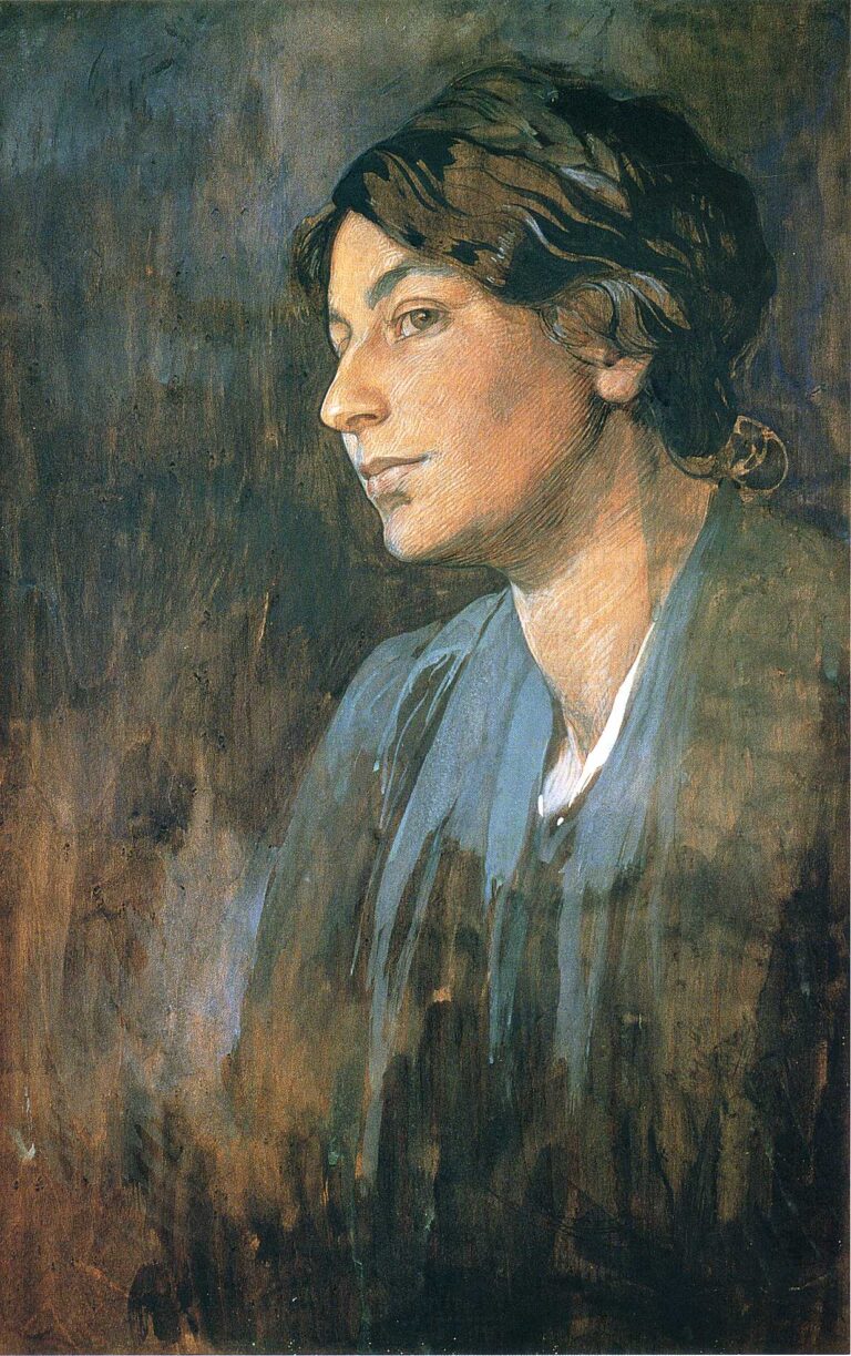 Half-length three-quarter profile portrait of Marushka Mucha wearing a simple headscarf and blue-gray garment, lit from the left against a softly brushed brown and blue background; subtle highlights model her cheek and brow as she gazes thoughtfully into the distance.
