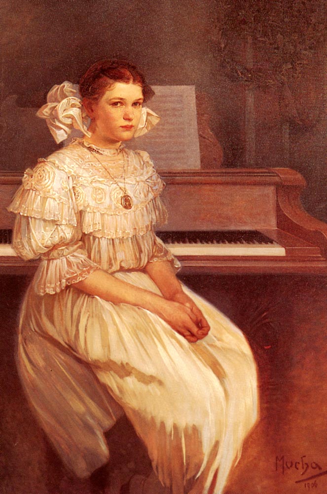 A young girl with auburn hair tied in large white bows sits before an upright piano, hands folded in her lap. She wears a white ruffled dress with rosette embroidery and a small locket; sheet music rests on the stand behind her. Warm light glows across the ivory fabric and the wooden piano in a calm Belle Époque interior, signed “Mucha 1906” at the lower right.