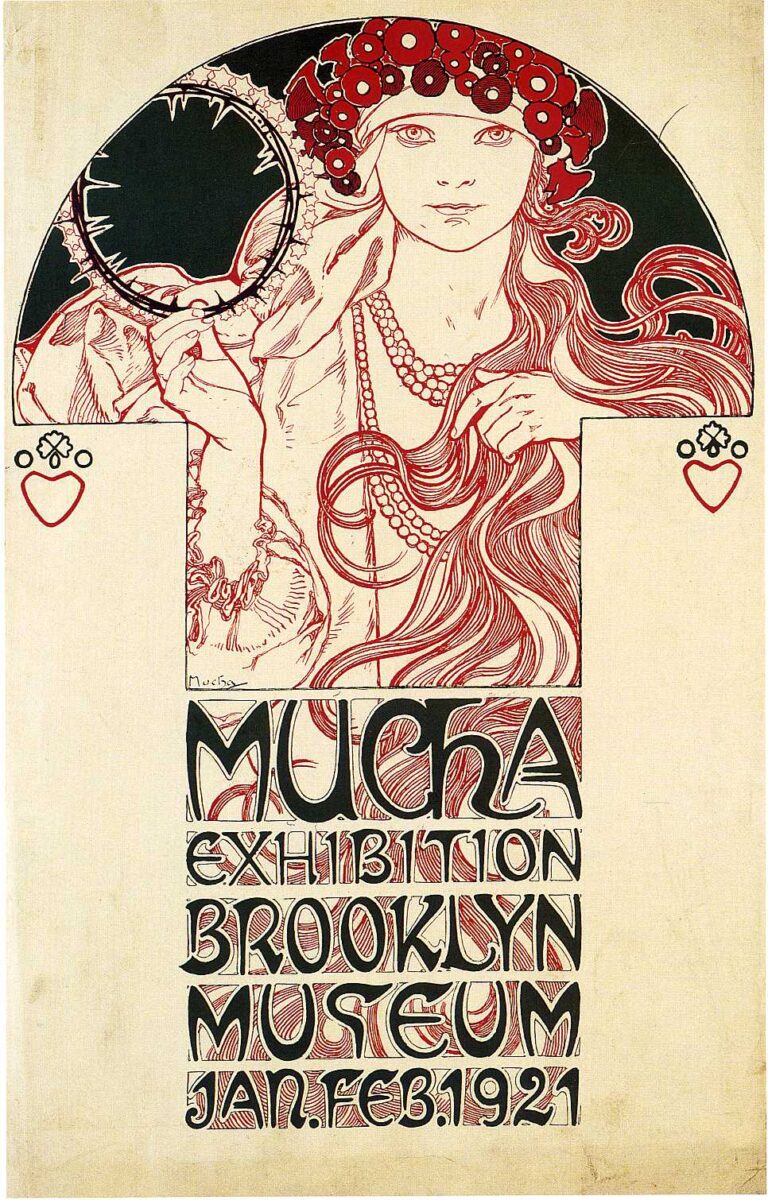 Vertical Art Nouveau poster by Alphonse Mucha showing a Slavic-styled woman beneath a half-round arch, holding a spiked circular hoop as her long hair flows to the right. Beneath the figure, stacked hand-drawn lettering reads “MUCHA EXHIBITION BROOKLYN MUSEUM JAN. FEB. 1921,” with red hatching inside the letters on a cream background.
