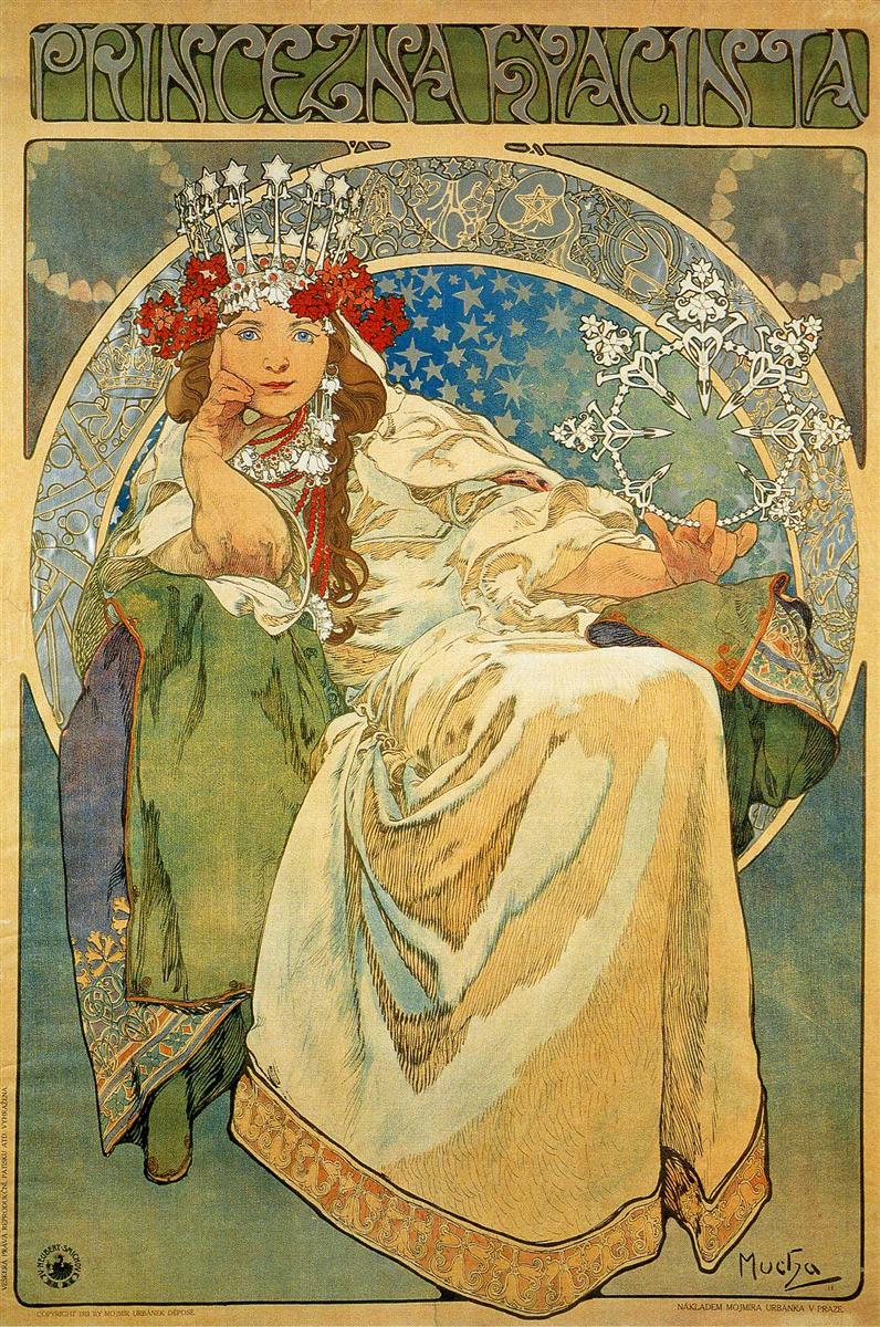 Art Nouveau poster by Alphonse Mucha showing a seated princess in a luminous white gown and green mantle, wearing a star-tipped silver crown over a red floral wreath; she rests her chin on one hand while presenting a crystalline star device with the other, all framed by a circular field of constellations and intricate motifs beneath the title “PRINCEZNA HYACINTA.”