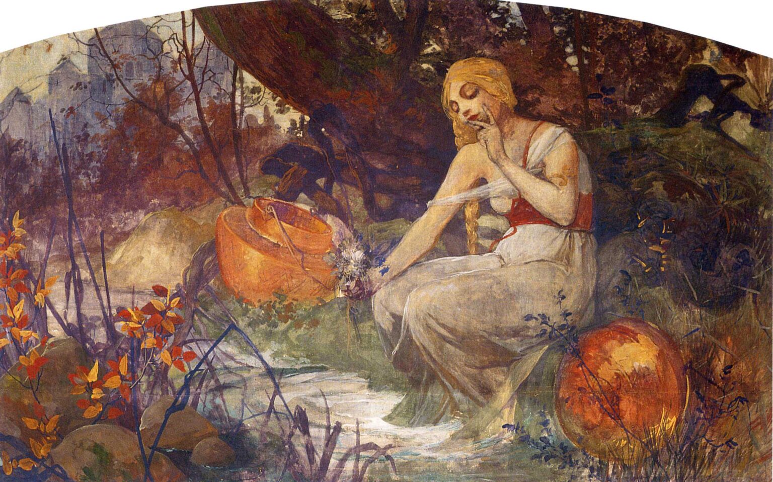 Arched Art Nouveau scene of a woman seated at a stream in a wooded landscape. She wears a pale dress with a red sash, touches her cheek thoughtfully, and lifts a small bouquet from the water. Large orange clay vessels rest beside her; reeds, stones, and autumn shrubs frame the foreground, with distant pale buildings beyond the trees. 1896, Alphonse Mucha.