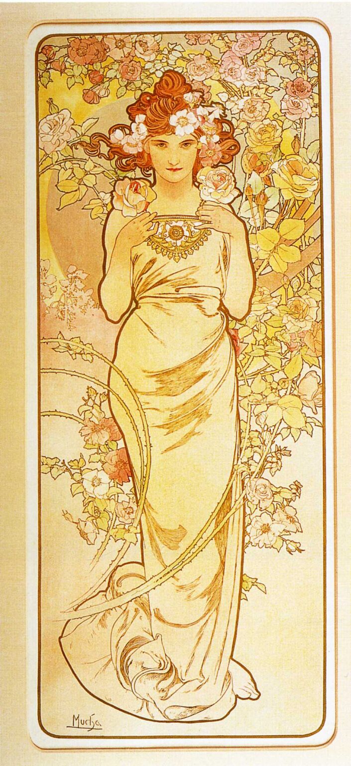 Tall Art Nouveau panel by Alphonse Mucha showing a front-facing woman in pale drapery with a floral crown and necklace, standing among abundant pink and yellow roses; thorny canes curve across the lower half; rounded border and soft gold-rose palette, 1897.