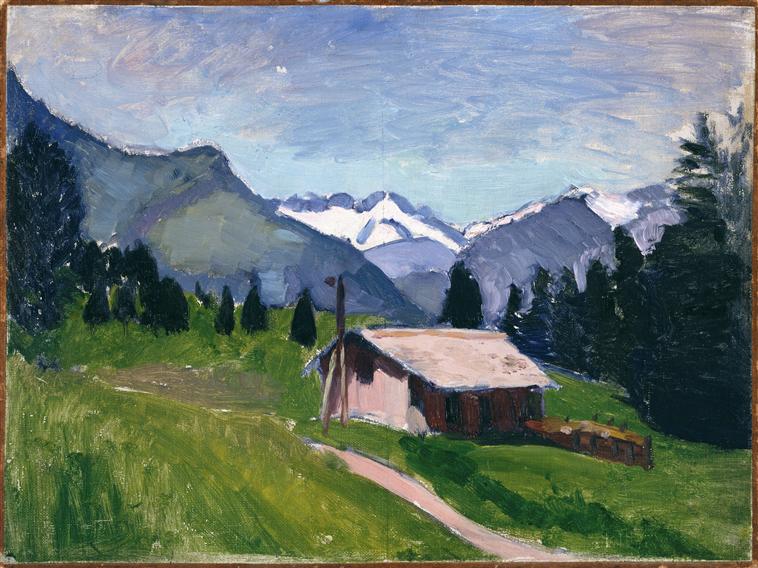 Alpine landscape with a small chalet on a green slope, a curving dirt path, dark fir trees across the mid-ground, layered blue-violet mountains with white snow peaks, and a pale blue sky painted in smooth, airy strokes.