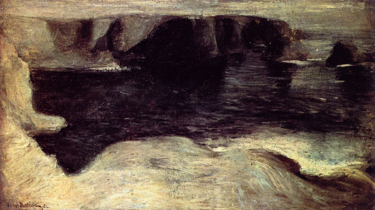A dark, nearly monochrome view of a cliff-ringed cove at Goulphar; pale chalk headlands curve around a deep pool of black water with faint ripples, distant rock stacks line the horizon, and brushed textures convey the cold, windy atmosphere.