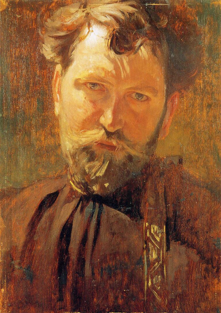 Close, warmly lit oil self-portrait of Alphonse Mucha, head and shoulders filling the frame. He looks directly at the viewer with blue-gray eyes; tousled hair and a curled moustache catch highlights; a dark studio smock is tied at the neck. The background is textured ochre and green, with lively brushwork throughout. 1899.