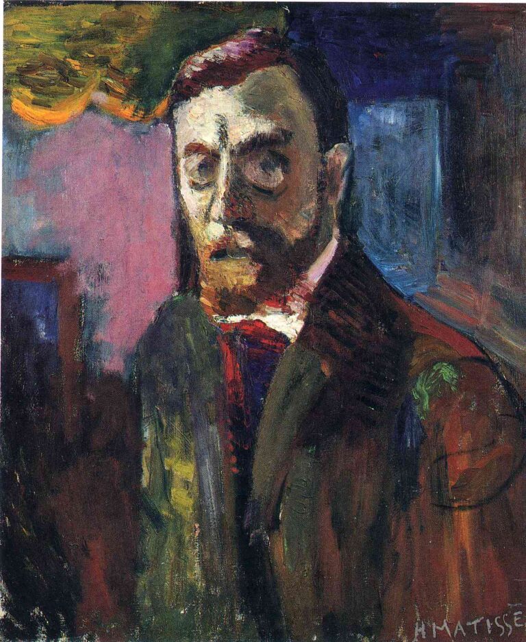 Close, half-length self-portrait of Matisse with reddish beard and heavy-lidded eyes, set against swirling planes of mauve, green, and blue, the coat rendered in dark greens and browns with a small red tie accent and a flare of yellow at the upper left.