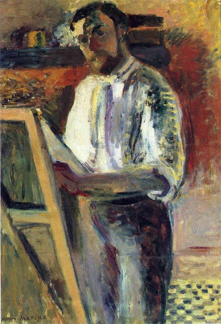 Half-length view of Matisse in a light shirt standing at an easel, head tilted, beard and shadowed eyes, cool lilac and blue strokes in the shirt, warm ochre and red wall behind, and a tall angled canvas at left anchoring the composition.