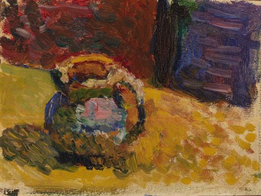 Thickly painted still life showing a small, multicolored ceramic jar on a bright yellow tabletop; broken brushstrokes of red and blue form the background, and dappled yellow marks create a shimmering shadow.