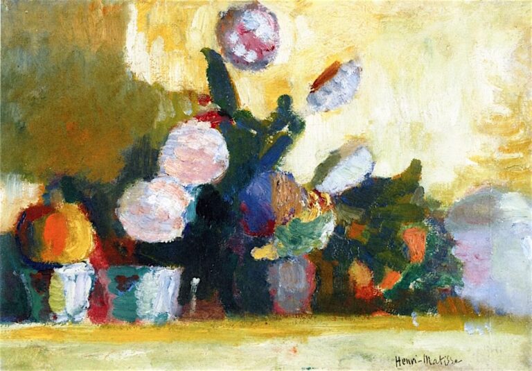 A bright still life of round, pale flowers arranged with dark green leaves on a narrow shelf, set against a yellow wall; thick brushstrokes, simplified forms, colorful pots, and several circular blossoms float like “snowballs.”