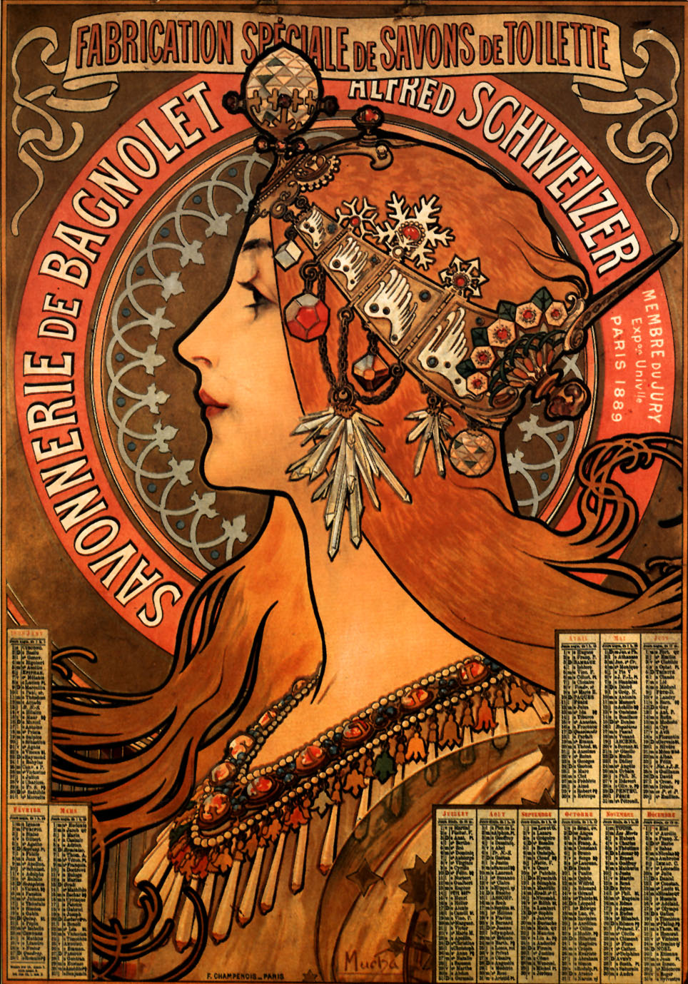 Art Nouveau poster showing a crowned female profile in warm tones with flowing hair, jeweled headdress, and a circular Gothic-style halo. Curved lettering reads “Savonnerie de Bagnolet” and a top banner announces “Fabrication spéciale de savons de toilette.” Calendar blocks fill the lower corners. Design by Alphonse Mucha, 1897.