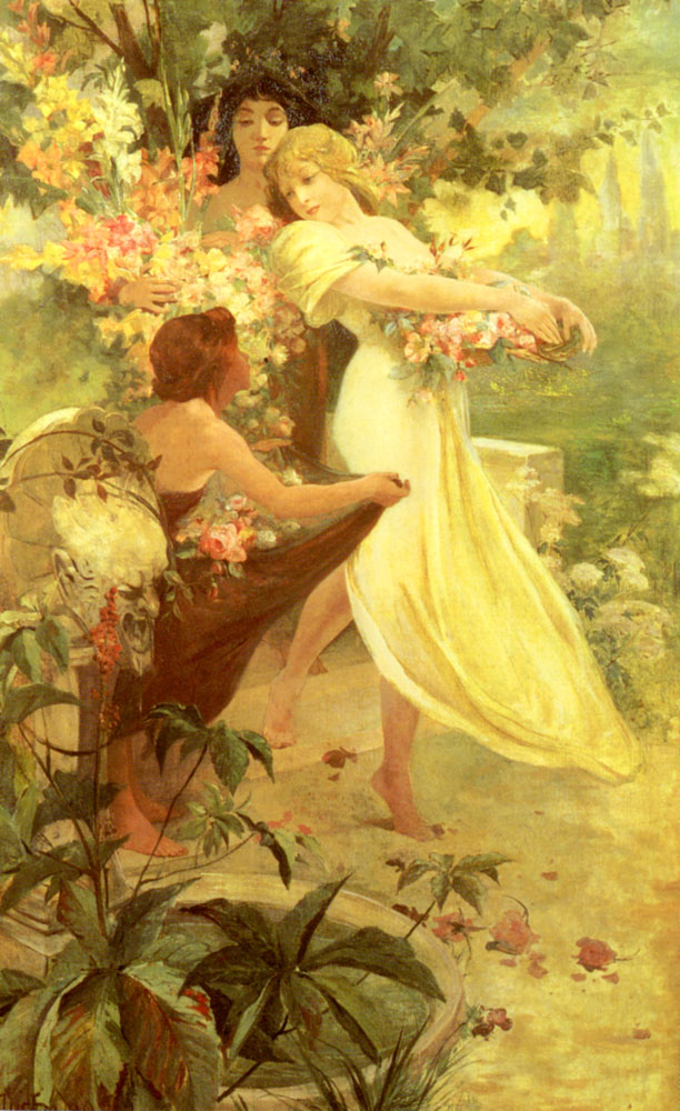 Vertical painting of a lush garden where three young women with garlands of flowers embody spring. A blonde figure in a pale yellow dress turns gracefully, a dark-haired woman stands behind her with more blossoms, and a seated figure gathers flowers near a stone fountain. Soft golden light, abundant foliage, and flowing lines create an Art Nouveau mood.
