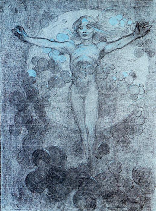 Monochrome drawing by Alphonse Mucha showing a nude female figure standing frontally with arms extended, hair flowing outward, set before a pale circular halo; clusters of translucent bubble-like circles drift around her torso and legs; soft gray shading with a few light blue highlights.