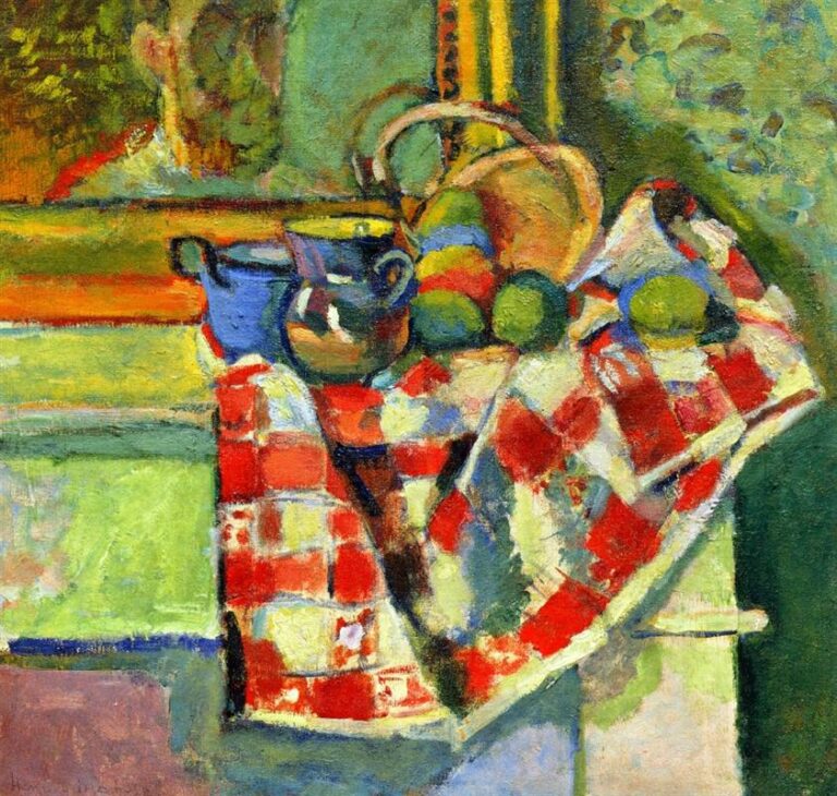 Square still life of a red-and-white checked tablecloth draped diagonally with a blue jug, small pitcher, wicker basket, and green fruit set before a gilt-framed mirror that faintly reflects a head; leafy wallpaper at right; bold complementary colors and visible brushstrokes unify the scene.