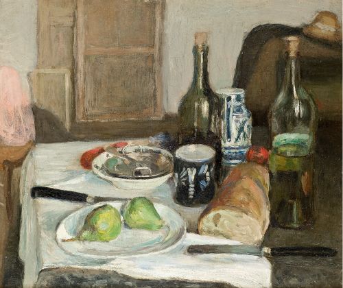 A white-clothed table holds a plate with two green pears, two long dark-handled knives, a loaf of bread cut at an angle, green wine bottles, and blue-and-white ceramics; a neutral wall and shuttered window recede behind the arrangement, all painted in cool, muted tones with visible brushwork.
