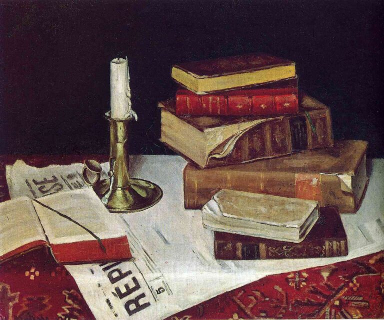 Oil painting of stacked books, newspapers, and a melted white candle in a brass holder on a white cloth against a black background, with a red patterned carpet at the corner.