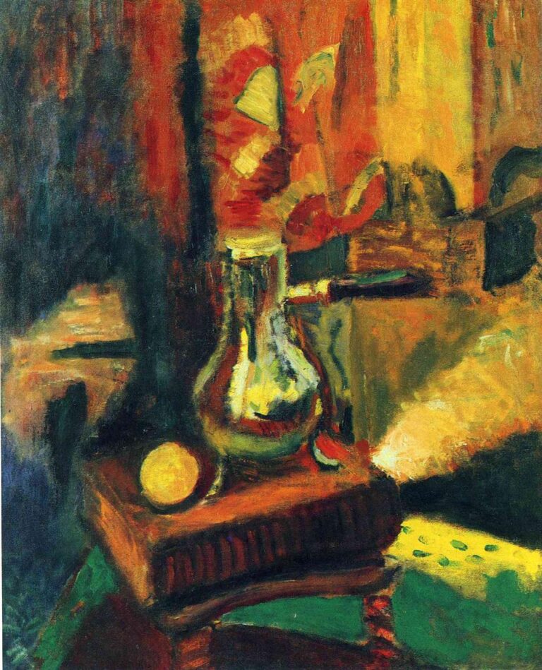 Warm-toned still life with a reflective chocolate pot and small yellow fruit on a ribbed wooden stand, surrounded by vertical bands of red, ocher, and deep green, with a cool dark field at left and a small spotted yellow strip at the lower right.