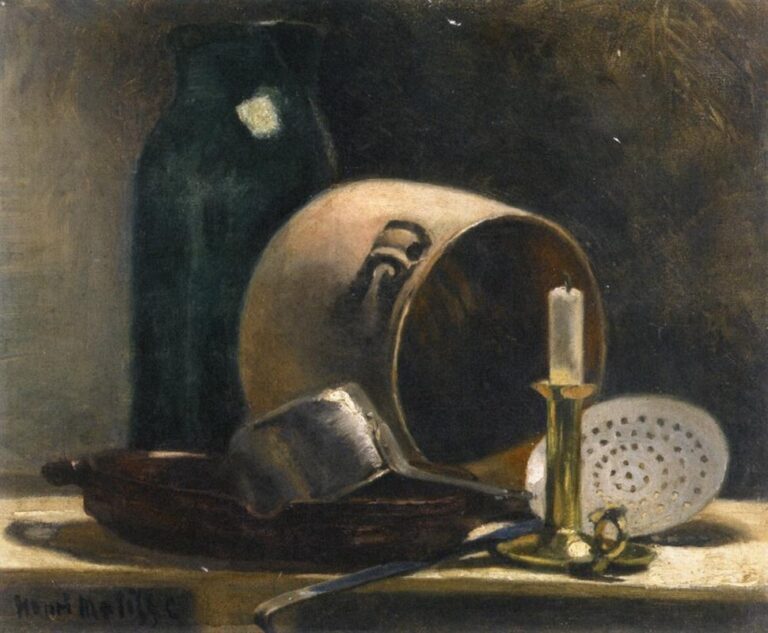 Dark-toned still life showing a green jar, a large earthen pot lying on its side, an unlit candle in a brass holder, and metal kitchen tools on a tabletop against a deep brown-black background, painted with restrained highlights and warm shadows.