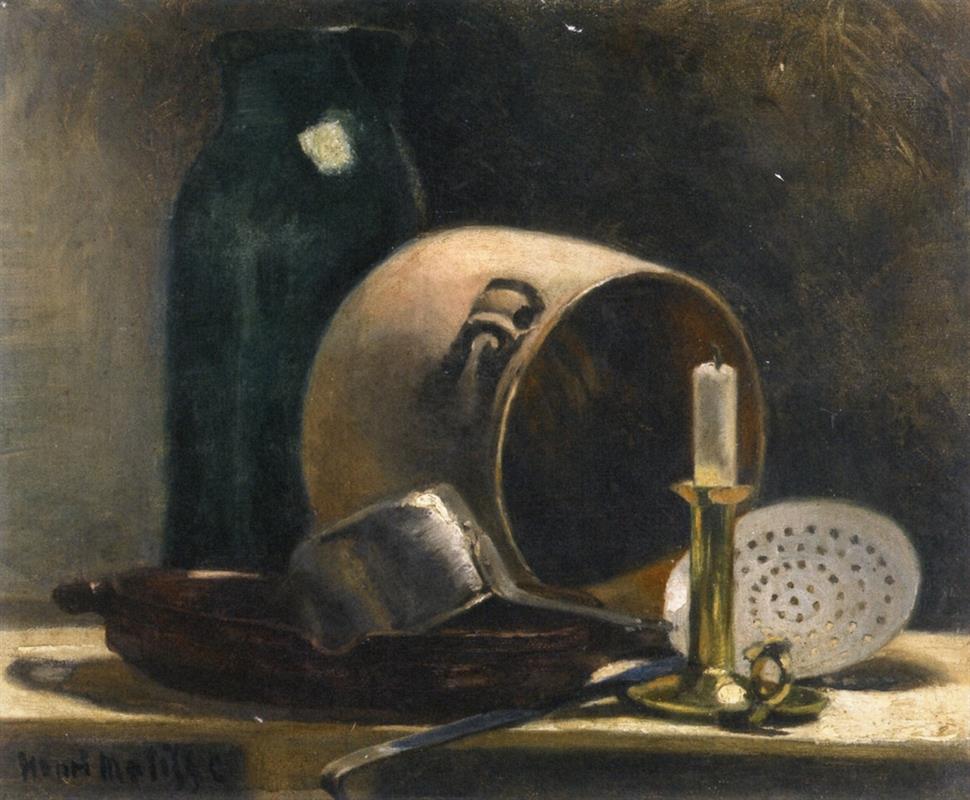 Dark-toned still life showing a green jar, a large earthen pot lying on its side, an unlit candle in a brass holder, and metal kitchen tools on a tabletop against a deep brown-black background, painted with restrained highlights and warm shadows.