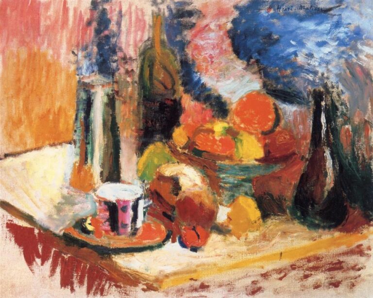 Vibrant early Matisse still life showing a diagonal tabletop with a bowl of oranges and lemons, dark glass bottles at left and right, a pink-striped cup on a saucer in the foreground, and swirling passages of blue, coral, and ochre that create a radiant, animated interior.