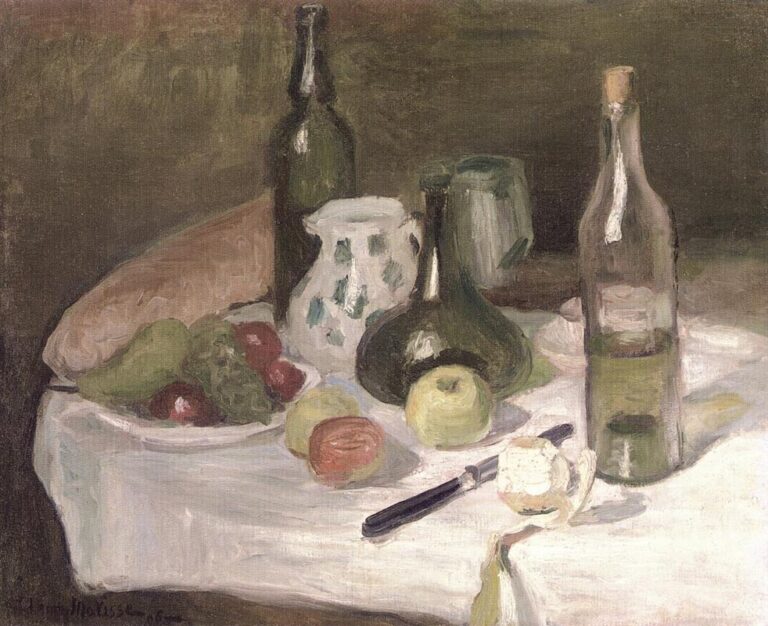 Early Matisse still life showing a white tablecloth with apples, a pear, a curling lemon peel, a knife, a loaf of bread, a spotted jug, a metal pot, and several green glass bottles—including a tall corked bottle—set against a muted brown wall with soft, atmospheric light.
