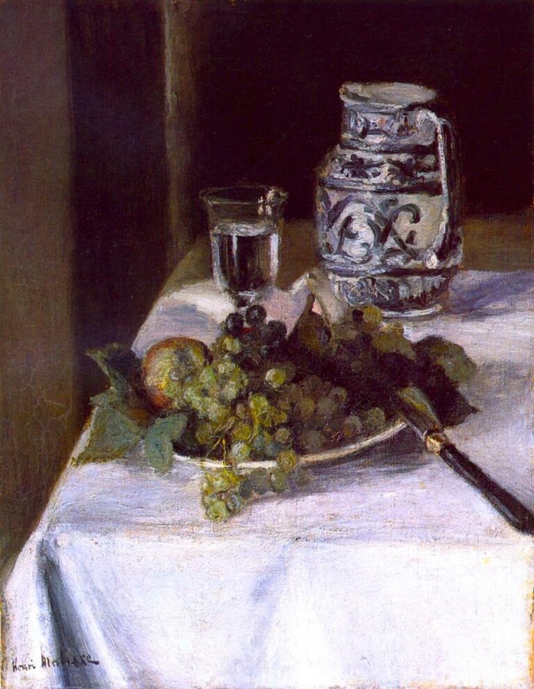 A white-clothed table with a plate piled with green grapes and leaves, a small apple, a dark-handled knife at right, a clear glass of water behind the fruit, and a blue-gray decorated jug against a dark wall; cool highlights and soft shadows model the forms with restrained brushwork.