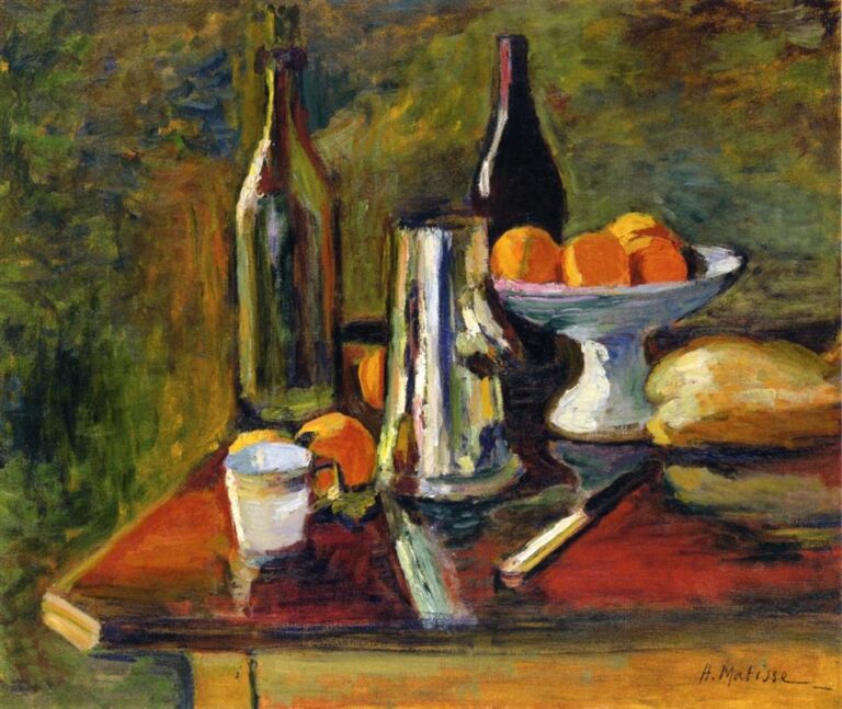 Red tabletop with a white pedestal bowl of bright oranges, a tall reflective metal coffee pot at center, two dark wine bottles, a small white cup, a loaf of bread, and a knife; mottled green background; thick, visible brushstrokes create forms and reflections.