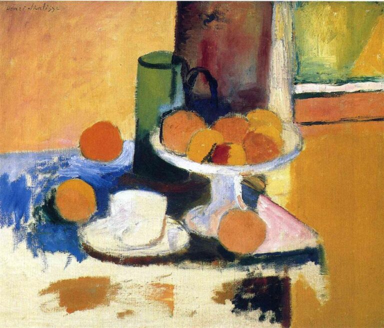 A post-Impressionist still life with a green jug, a white pedestal bowl filled with oranges, a white cup and saucer, and scattered oranges on a table; broad areas of yellow, peach, and blue form the background and cloth, with simplified shapes, visible brushstrokes, and some bare canvas showing.