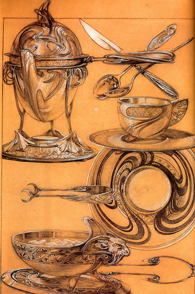 Design sheet by Alphonse Mucha on warm ochre paper showing multiple Art Nouveau tableware studies, including a lidded tureen on tripod feet, a cup and saucer with wing-like handle, knives and spoons with flowing handles, ornate tongs, a large swirling-decorated plate, and a wide bowl with a lion-head terminal, all modeled with dark lines and white highlights that suggest polished metal.