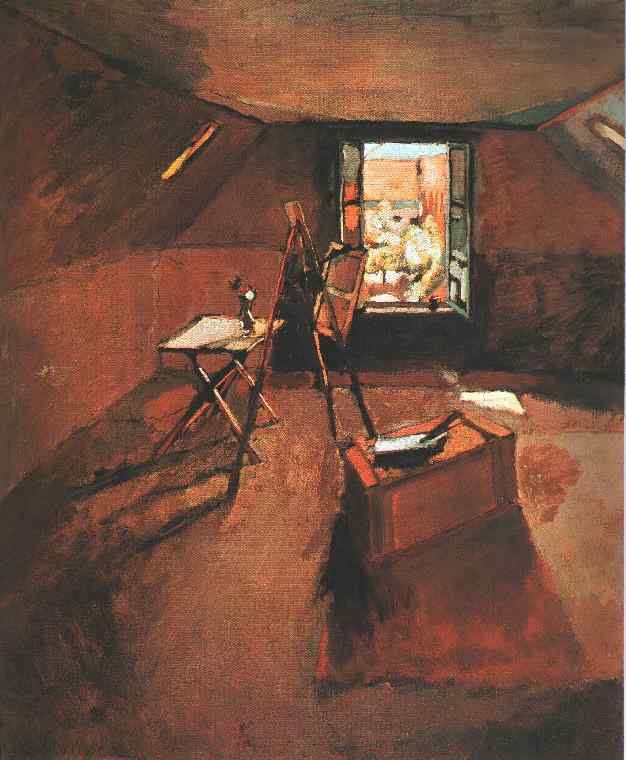 Warm, reddish-brown attic studio with sloped eaves; small open window at center casting cool light; folding table with bottle at left, easel before the window, wooden chest with papers at right; long diagonal shadows across a broad floor; sparse furnishings and visible brushstrokes.
