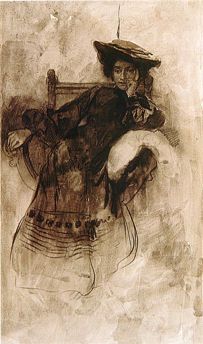 Sepia-toned study by Alphonse Mucha of a fashionable woman reclining in an armchair, her cheek resting on a gloved hand beneath a broad hat; upper body carefully modeled while the lower skirt and background fade into loose washes and sketchy contours.