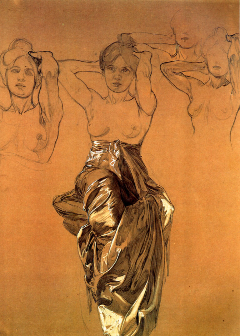 Toned-paper study by Alphonse Mucha showing three bust-length female figures with arms raised across the top, the central head more finished, and a single lower body wrapped in a dramatic, shiny satin drapery modeled with dark contours and white chalk highlights.