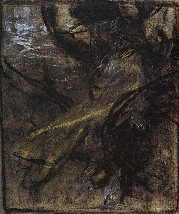 Dark mixed-media study by Alphonse Mucha showing indistinct figures forming within smoky charcoal tones; a diagonal yellow sweep like windblown drapery crosses from lower left to upper right; scattered white scumbles and small golden flecks punctuate the murky background, with forms half-seen and dissolving into shadow.