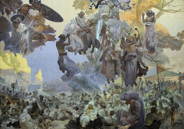 Vast festival painting by Alphonse Mucha showing a dense crowd celebrating beneath ancient oaks while priestly figures and spirit-bearers float among the branches; smoke rises at center, a white-clad mother and child sit calmly in the foreground, and warm golds and cool blues bathe the ritual in late-summer light.