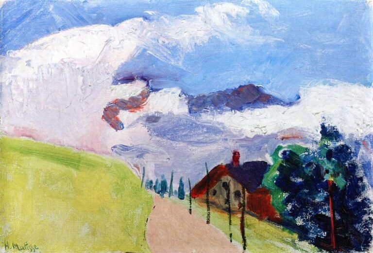 High-key alpine scene with a vast blue-and-white sky above a sloping green hillside; a pale path leads to a small house with red chimney beside dark blue-green trees, painted in broad, lively strokes that emphasize color and light.