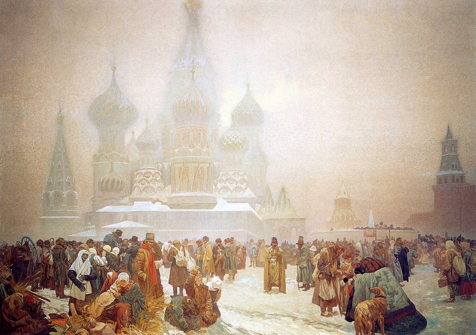 Winter scene by Alphonse Mucha showing a crowded Moscow square before the mist-shrouded domes of St. Basil’s Cathedral. Peasants, townspeople, and officials gather on snow among straw bundles and dogs, talking and trading as the pale skyline fades into fog, evoking the complex mood surrounding the abolition of serfdom.