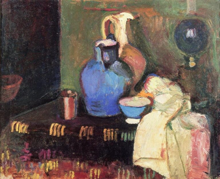 Still life of a cobalt blue jug on a dark tabletop with a pale cloth, small bowl, and jar; olive and russet walls surround the setup, and thick, varied brushstrokes create a warm, shadowed atmosphere with flickers of yellow and red.