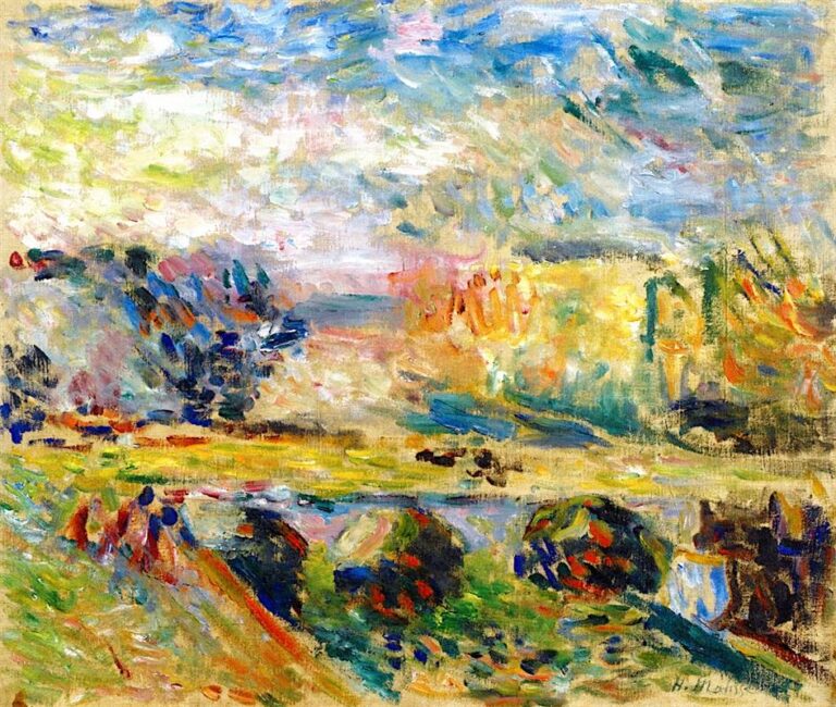 Sunlit landscape with a large, swirling blue-and-white sky above a horizontal river band; a lightly indicated bridge spans the center; foreground shows rounded green bushes flecked with red and a slanting grassy path, painted with brisk, colorful strokes on a breathable canvas.