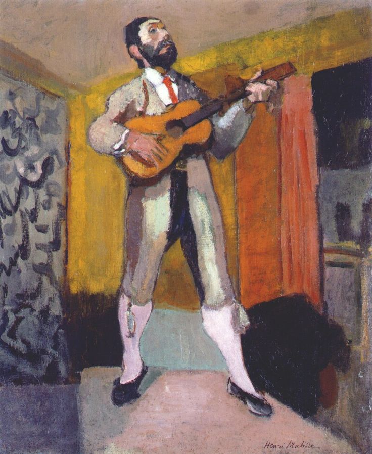Standing bearded man in a pale suit and red tie playing an orange-brown guitar in a shallow interior; patterned gray wall at left, mustard-gold wall behind, red-orange curtain at right, pale greenish floor below; strong simplified planes with selective dark outlines and soft, even light.