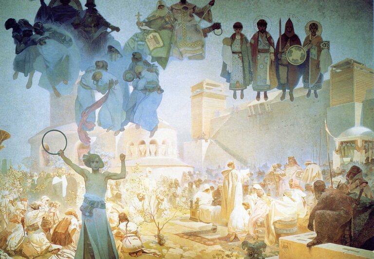 Vast mural scene by Alphonse Mucha showing a Moravian crowd in pale garments gathered for a new church service, clergy reading at right, a bare-chested youth with a hoop at left, and processional saints and bishops floating across a misty blue sky above wooden ramparts and a round church, all bathed in cool, pearly light.