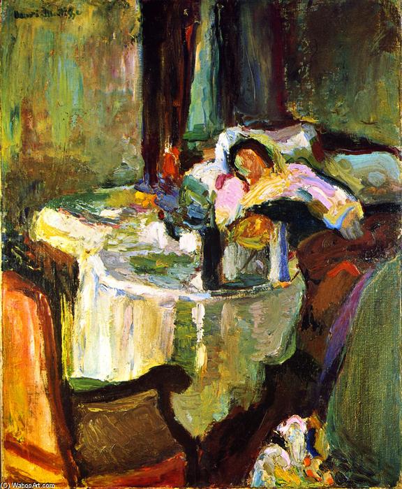 Interior with a round table draped in a white cloth, bottles and objects on top, and a reclining patient resting beside it; deep greens, violets, and warm ochres painted in thick, expressive strokes create a moody, luminous room.