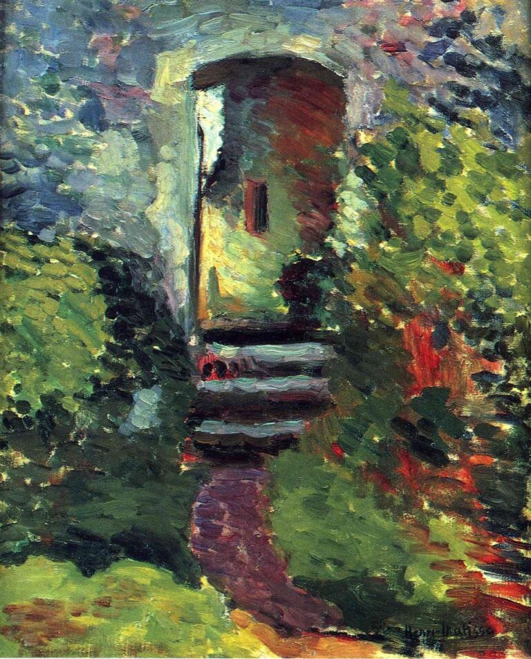 Small arched doorway with a few stone steps, half hidden by dense green foliage; sunlit ochres and cool blue-greens flicker across a textured wall; thick, visible brushstrokes lead a winding path toward the dark opening of the gate.