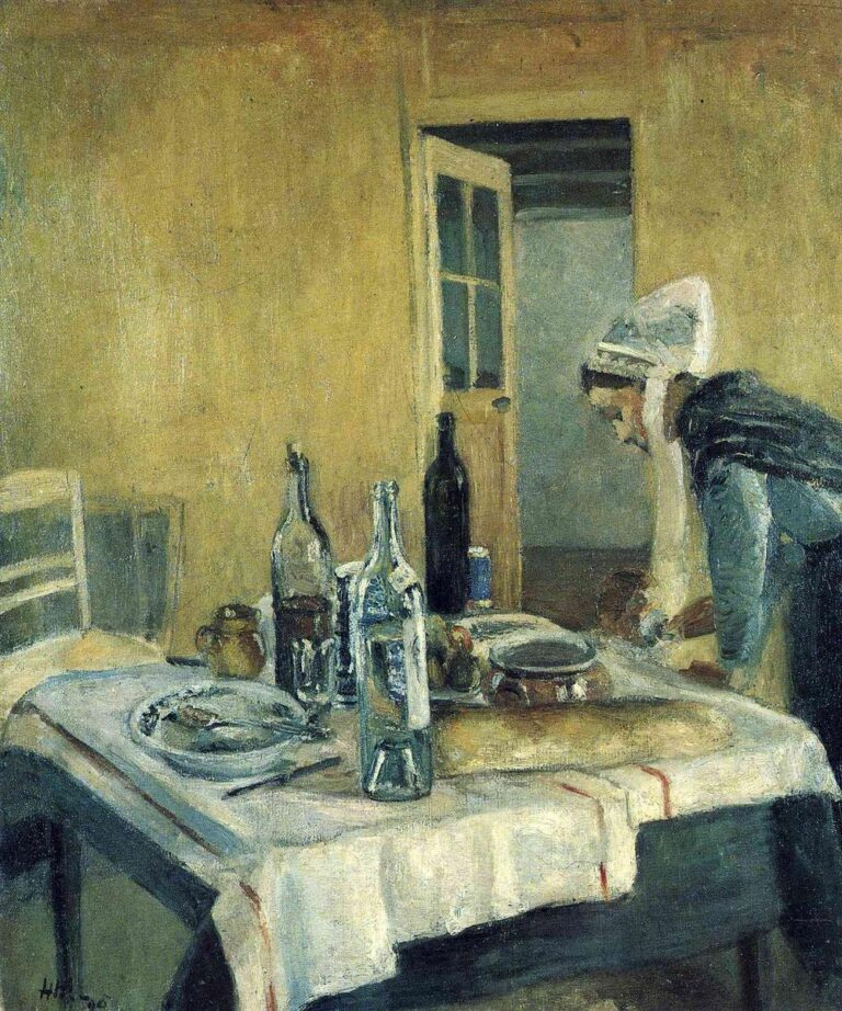 A muted interior shows a white-clothed table with bottles, plates, and a pot; at right a maid in a white coif bends to clear dishes near an open door. Ochre walls, blue-gray shadows, and small glass highlights create a calm, workaday atmosphere.
