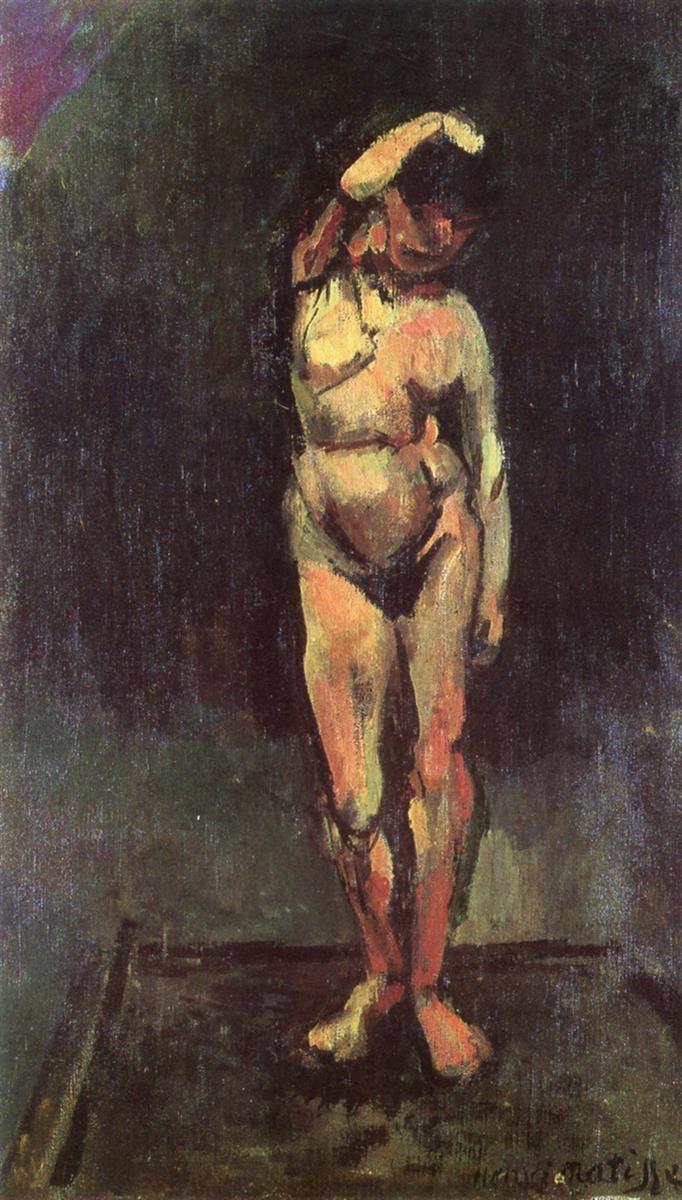 A standing nude model on a low platform, one arm raised to her head, painted with blocky strokes of warm flesh tones against a dark green-black background; edges are soft, lighting dramatic, with the figure emerging from shadow.