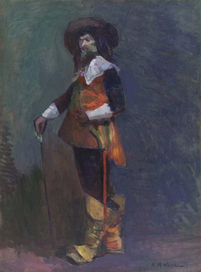 Full-length musketeer in wide hat, orange doublet, dark sleeves and breeches, and yellow boots stands three-quarter view with a cane; crisp white collar and cuffs; set against a cool blue-green, brushy background that reads as atmospheric space rather than detailed interior.